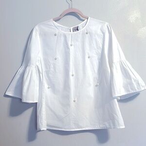 Como Vintage Size XL White Ruffle Sleeve Shirt With Dainty Pearls On Front